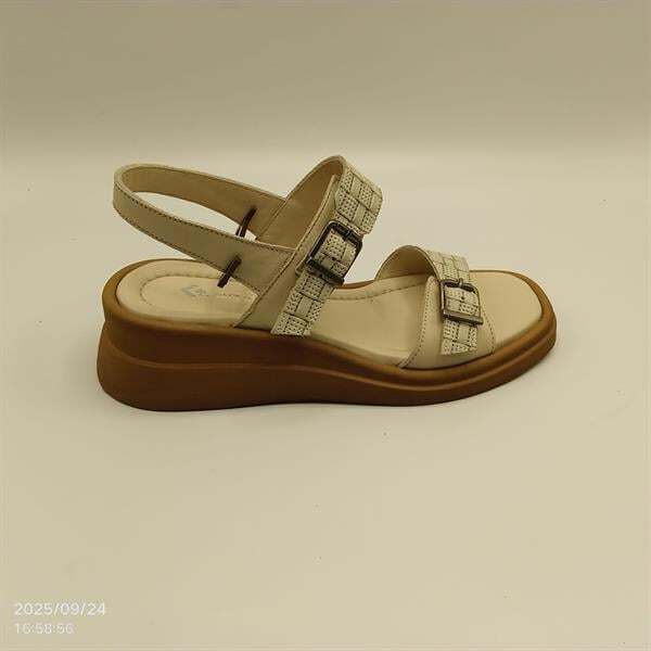 Açık Yeşil - Bej Hakiki Deri Hasır Sandalet - 1