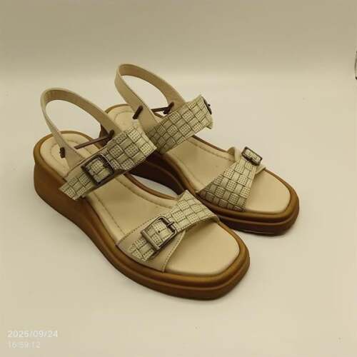 Açık Yeşil - Bej Hakiki Deri Hasır Sandalet - 2