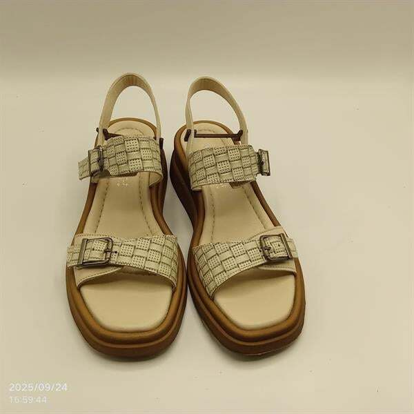 Açık Yeşil - Bej Hakiki Deri Hasır Sandalet - 3