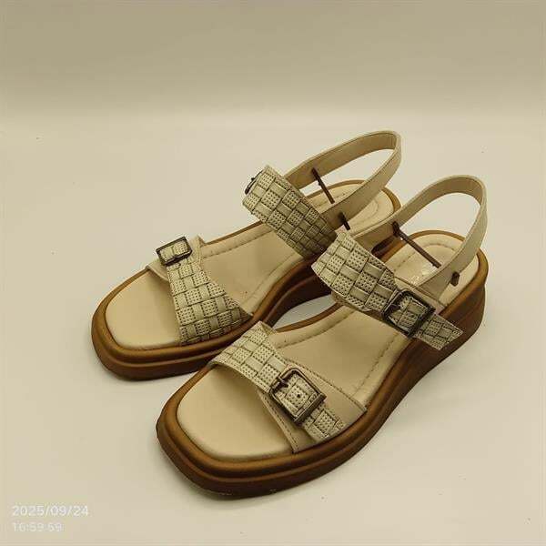 Açık Yeşil - Bej Hakiki Deri Hasır Sandalet - 4