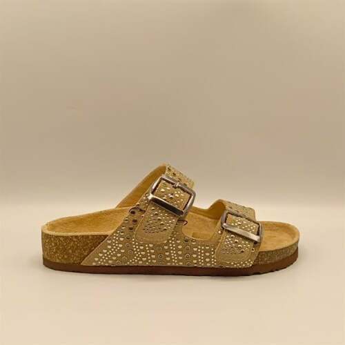 Aidan Bej Deri Mantar Taban Ortopedik Terlik