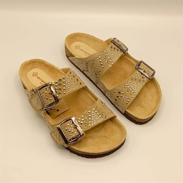 Aidan Bej Deri Mantar Taban Ortopedik Terlik - 2