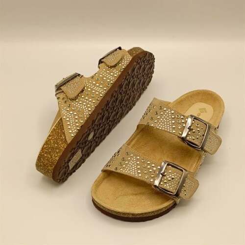 Aidan Bej Deri Mantar Taban Ortopedik Terlik - 5