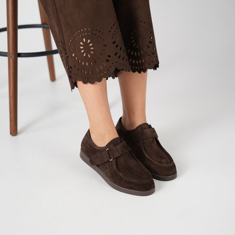 Alba Acı Kahve Hakiki Deri Süet Kadın Günlük Ayakkabı • Hafif Termo Taban, Ayarlanabilir Cırtlı Bant