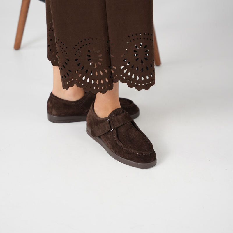 Alba Acı Kahve Hakiki Deri Süet Kadın Günlük Ayakkabı • Hafif Termo Taban, Ayarlanabilir Cırtlı Bant - 2