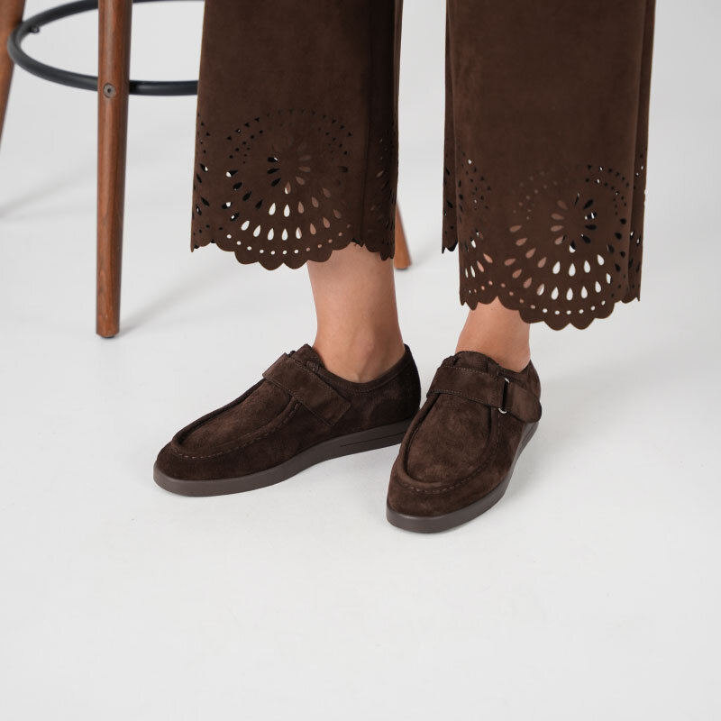 Alba Acı Kahve Hakiki Deri Süet Kadın Günlük Ayakkabı • Hafif Termo Taban, Ayarlanabilir Cırtlı Bant - 3