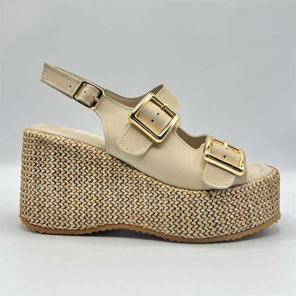 Ametist Exclusive Frida Bej Deri Dolgu Topuk Kadın Sandalet - 1