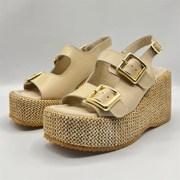 Ametist Exclusive Frida Bej Deri Dolgu Topuk Kadın Sandalet - 4