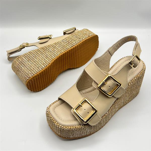 Ametist Exclusive Frida Bej Deri Dolgu Topuk Kadın Sandalet - 5