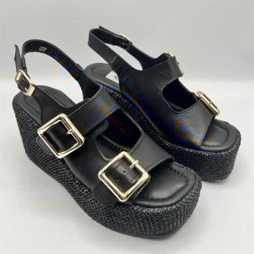 Ametist Exclusive Frida Siyah Deri Dolgu Topuk Kadın Sandalet