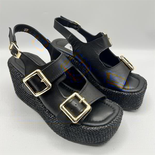 Ametist Exclusive Frida Siyah Deri Dolgu Topuk Kadın Sandalet - 1