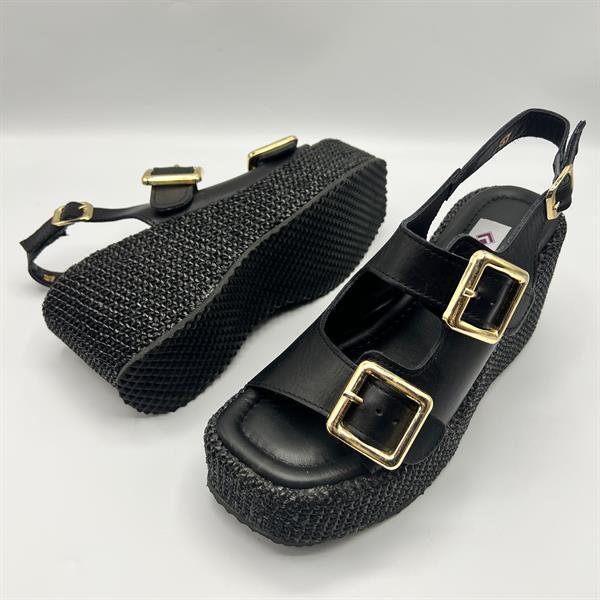 Ametist Exclusive Frida Siyah Deri Dolgu Topuk Kadın Sandalet - 5