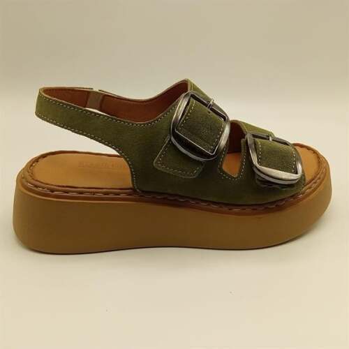 Ametist Exclusive Stabil Haki Süet Platform Kadın Sandalet | Çift Bantlı Gerçek Deri Konfor