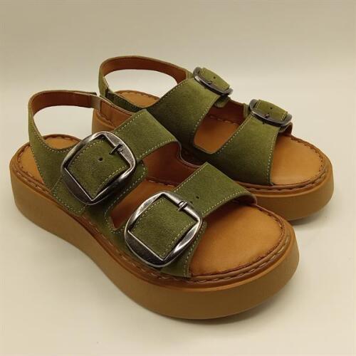 Ametist Exclusive Stabil Haki Süet Platform Kadın Sandalet | Çift Bantlı Gerçek Deri Konfor - 2