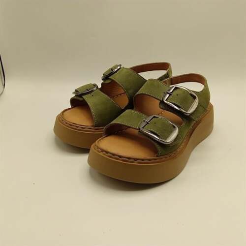 Ametist Exclusive Stabil Haki Süet Platform Kadın Sandalet | Çift Bantlı Gerçek Deri Konfor - 4