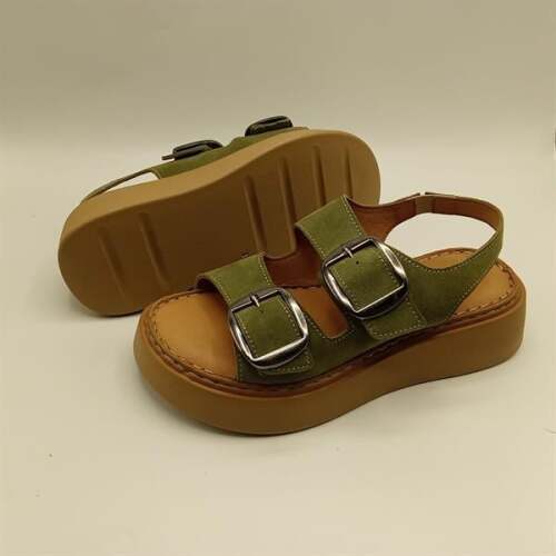 Ametist Exclusive Stabil Haki Süet Platform Kadın Sandalet | Çift Bantlı Gerçek Deri Konfor - 5