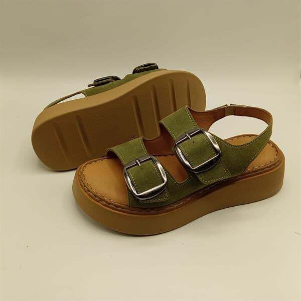 Ametist Exclusive Stabil Haki Süet Platform Kadın Sandalet | Çift Bantlı Gerçek Deri Konfor - 5