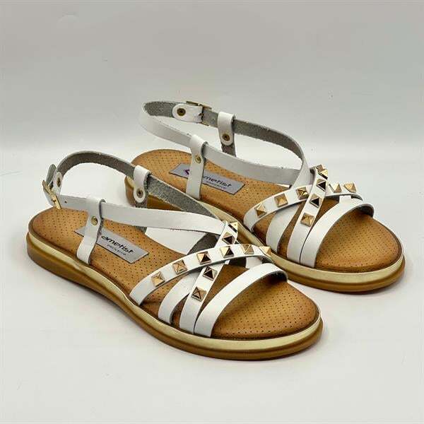 Anetta Beyaz Deri Kadın Sandalet | Altın Zımba Detaylı, Gerçek Deri Termo Taban - 1