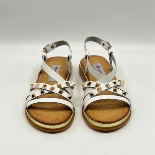 Anetta Beyaz Deri Kadın Sandalet | Altın Zımba Detaylı, Gerçek Deri Termo Taban - 2