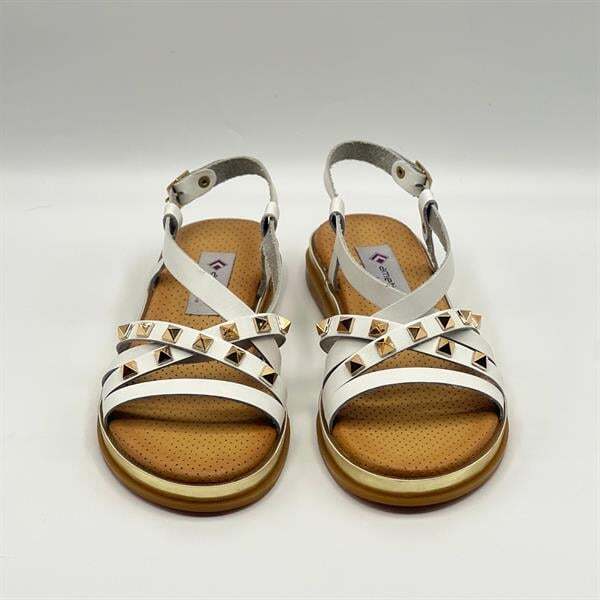 Anetta Beyaz Deri Kadın Sandalet | Altın Zımba Detaylı, Gerçek Deri Termo Taban - 2
