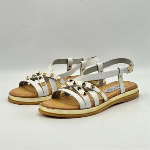 Anetta Beyaz Deri Kadın Sandalet | Altın Zımba Detaylı, Gerçek Deri Termo Taban - 3