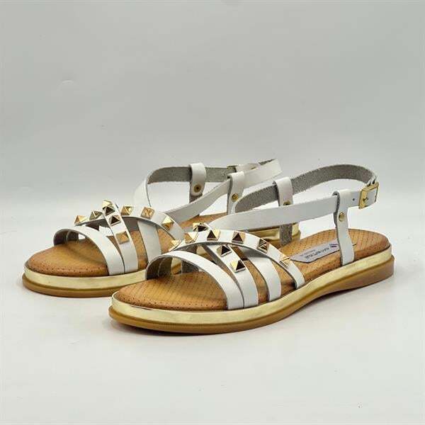 Anetta Beyaz Deri Kadın Sandalet | Altın Zımba Detaylı, Gerçek Deri Termo Taban - 3