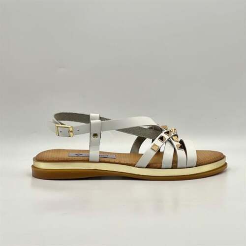 Anetta Beyaz Deri Kadın Sandalet | Altın Zımba Detaylı, Gerçek Deri Termo Taban - 4