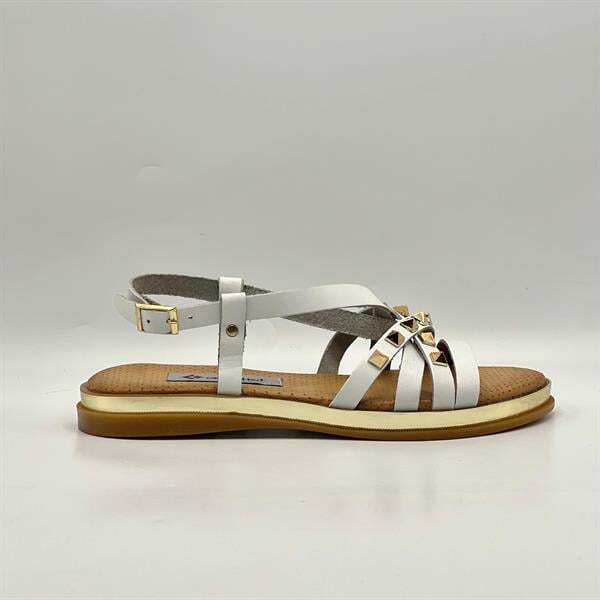 Anetta Beyaz Deri Kadın Sandalet | Altın Zımba Detaylı, Gerçek Deri Termo Taban - 4