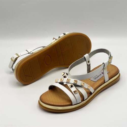 Anetta Beyaz Deri Kadın Sandalet | Altın Zımba Detaylı, Gerçek Deri Termo Taban - 5