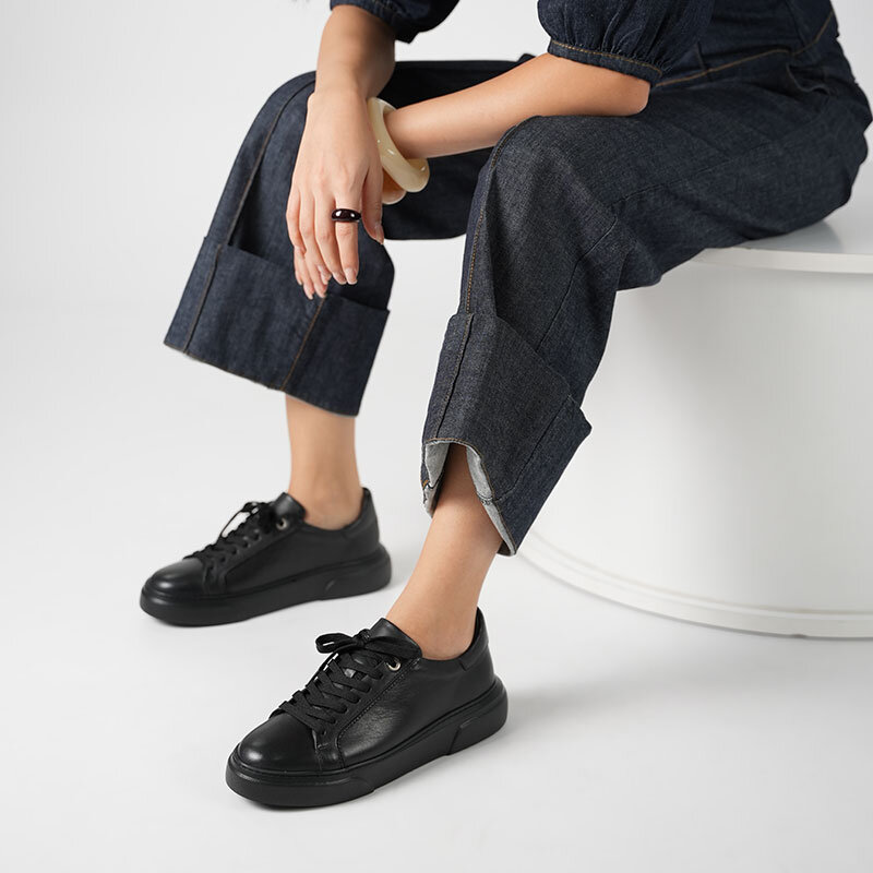 Anka Siyah Gerçek Deri Kadın Sneaker – Hafif Eva Taban