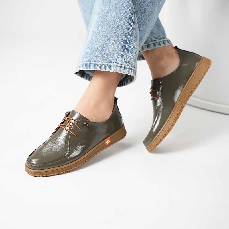 Ariss Haki Kırışık Rugan Gerçek Deri Kadın Günlük Ayakkabı – Hafif Esnek Kauçuk Taban - 3