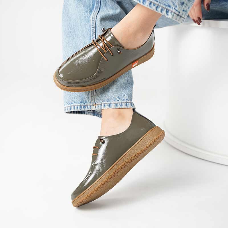 Ariss Haki Kırışık Rugan Gerçek Deri Kadın Günlük Ayakkabı – Hafif Esnek Kauçuk Taban - 1