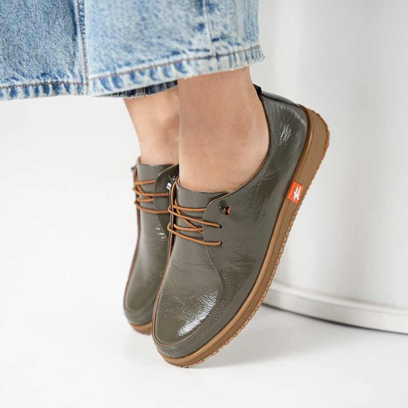 Ariss Haki Kırışık Rugan Gerçek Deri Kadın Günlük Ayakkabı – Hafif Esnek Kauçuk Taban - 2