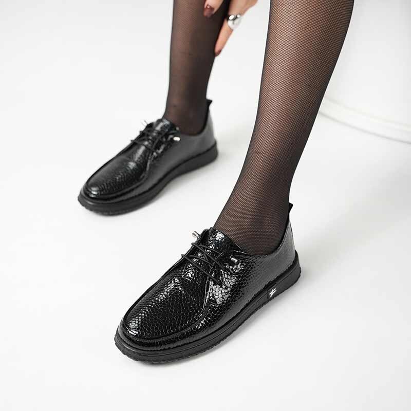 Ariss Siyah Fasulye Desen Gerçek Deri Kadın Günlük Ayakkabı – Hafif Esnek Kauçuk Taban - 2