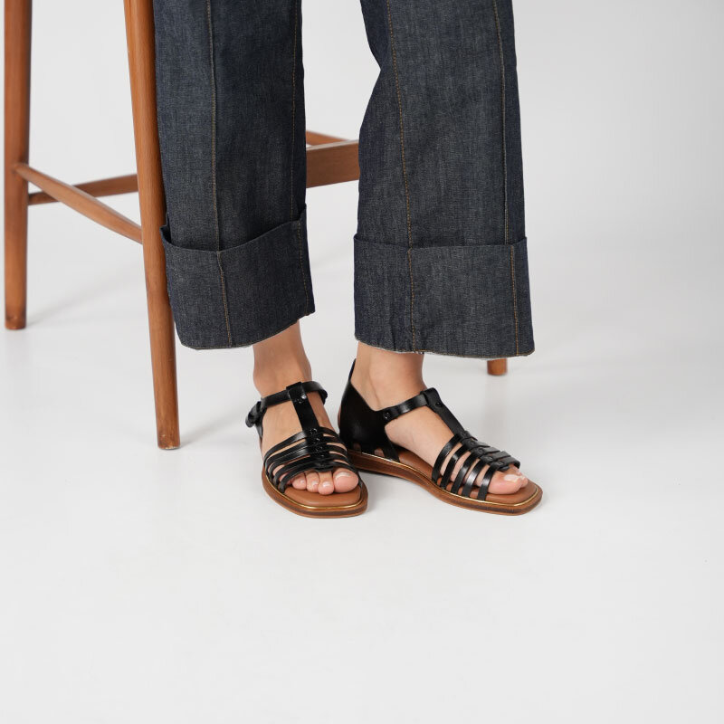 Asta Siyah Deri Düz Kadın Sandalet - 2