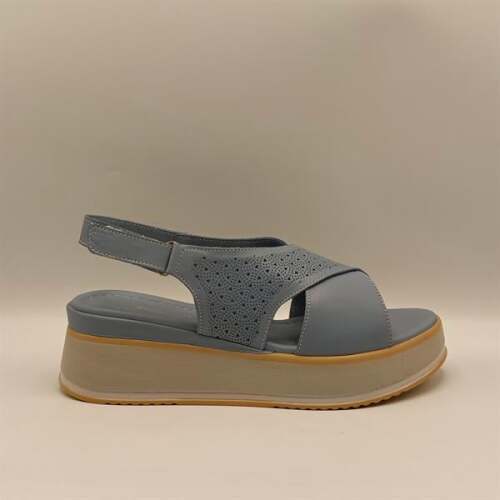 Athena Mavi Deri Dolgu Topuk Sandalet