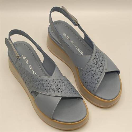 Athena Mavi Deri Dolgu Topuk Sandalet - 2