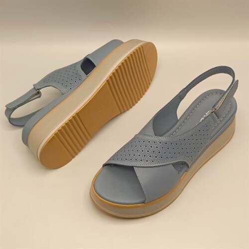 Athena Mavi Deri Dolgu Topuk Sandalet - 5