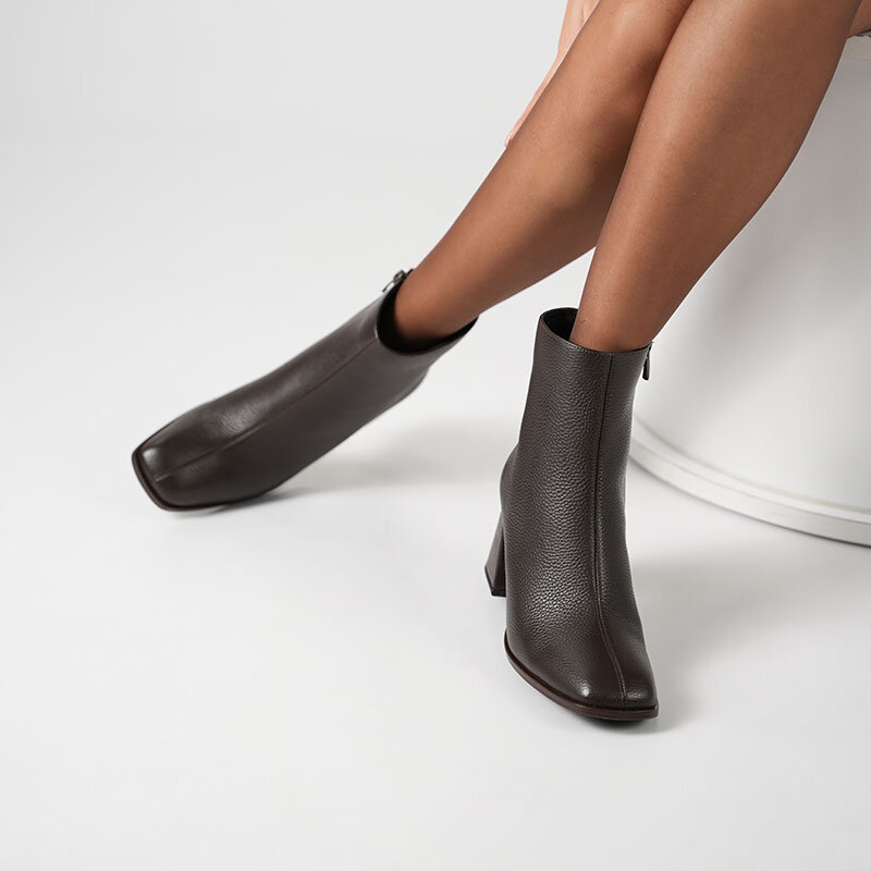 Aura Acı Kahve Kare Burun Kalın Topuk Gerçek Deri Kadın Bot - 2