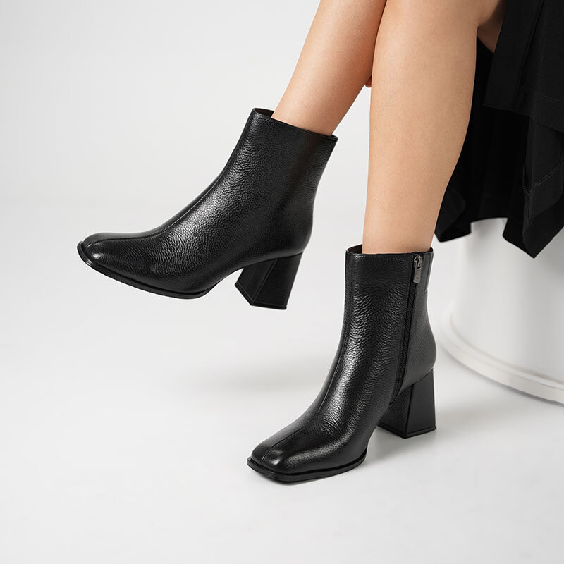 Aura Siyah Kare Burun Kalın Topuk Gerçek Deri Kadın Bot - 1