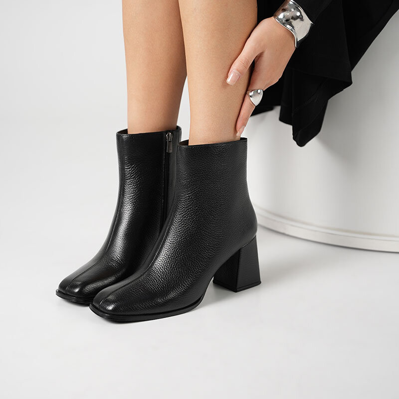 Aura Siyah Kare Burun Kalın Topuk Gerçek Deri Kadın Bot - 2