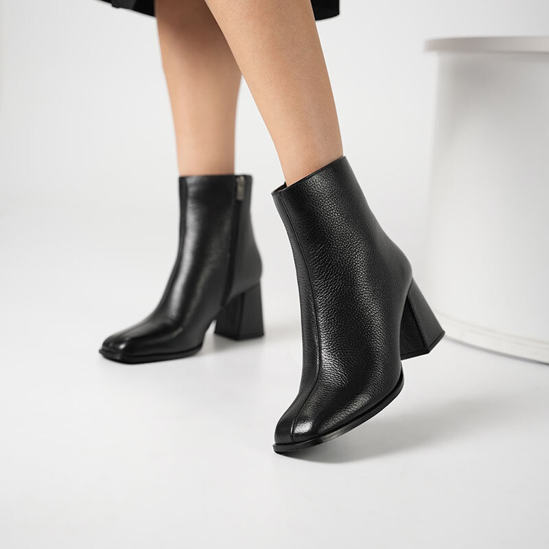 Aura Siyah Kare Burun Kalın Topuk Gerçek Deri Kadın Bot - 3