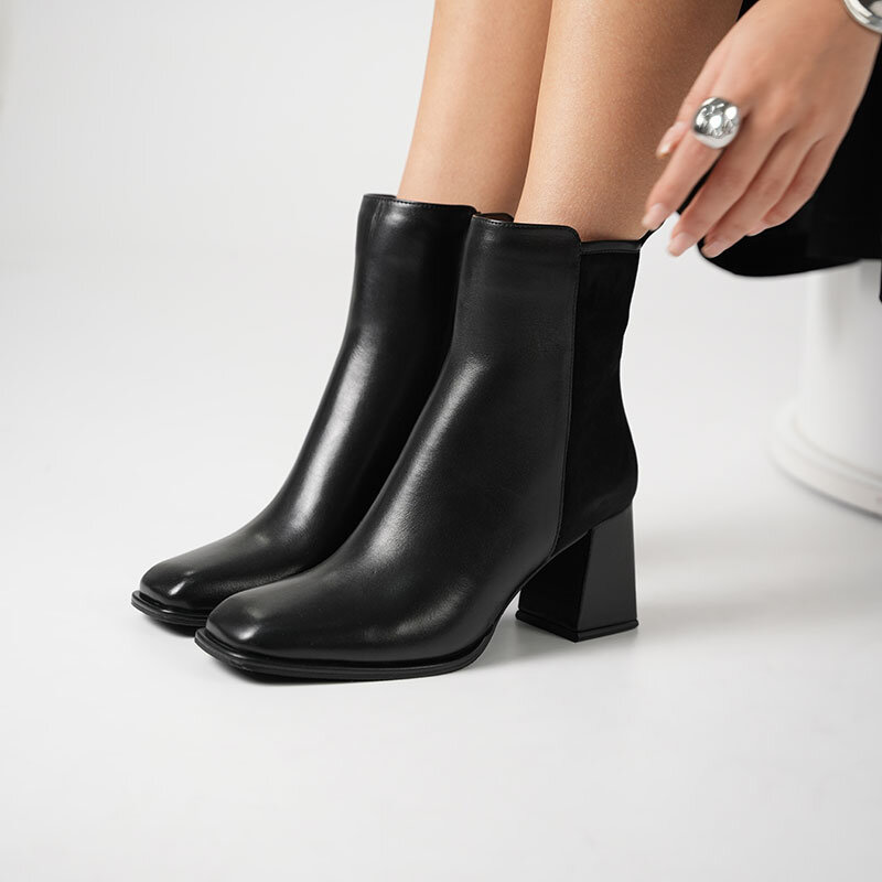 Berit Siyah Deri & Süet Kadın Bot – 7 cm Kalın Topuk – 21.5 cm Bot Boyu – TPU Kaymaz Tırtıklı Taban - 3