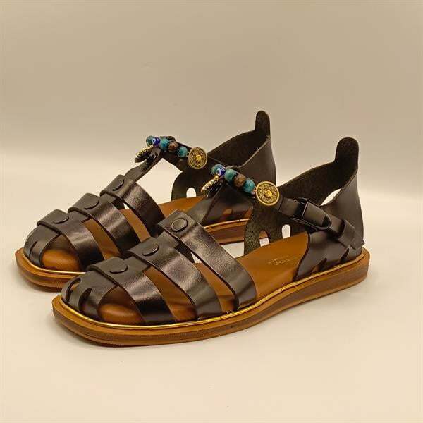 Cali Siyah Deri Düz Kadın Sandalet - 4