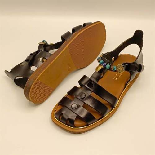 Cali Siyah Deri Düz Kadın Sandalet - 5