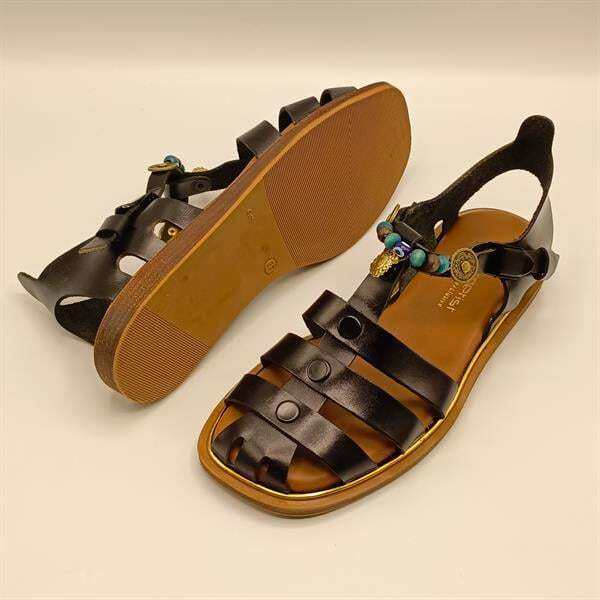 Cali Siyah Deri Düz Kadın Sandalet - 5