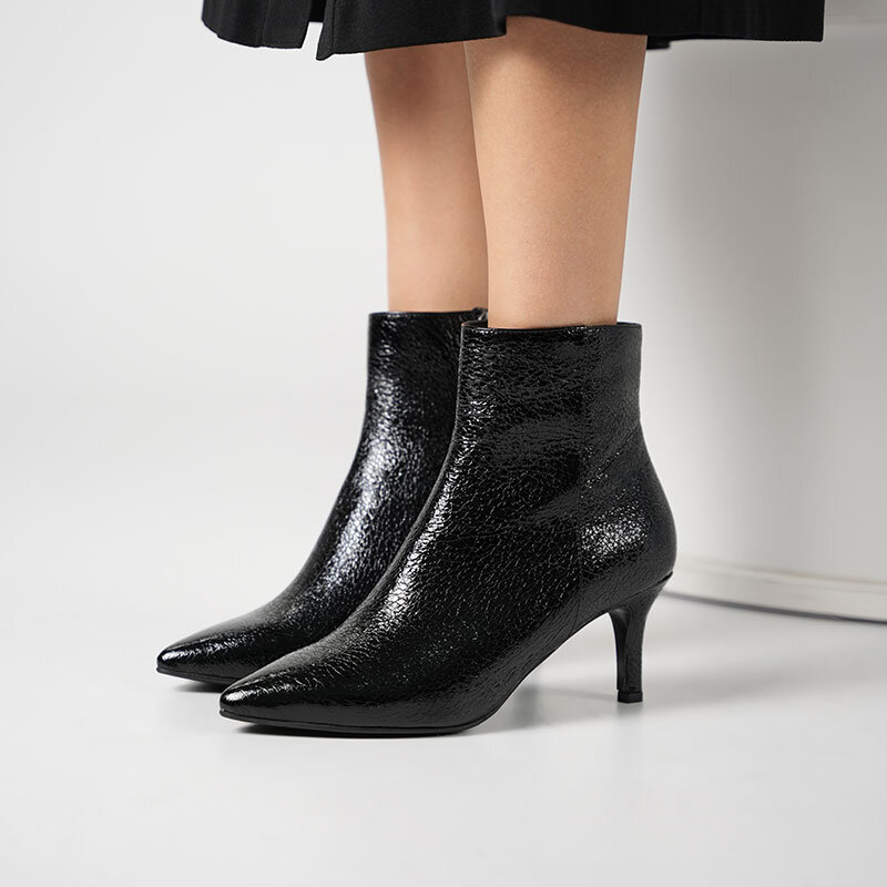 Carmen Siyah Fasulye Desen Rugan İnce Topuklu Kadın Bot – 7 cm – Sıcak Astar – TPU Taban