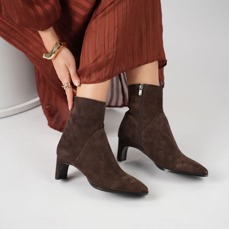Danila Acı Kahve Süet Sıcak Astar Hakiki Deri Kadın Bot – Kalın Topuk 5,5 cm – TPU Taban - 1