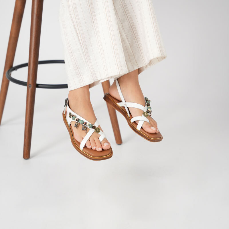 Daphne Beyaz Deri Düz Kadın Sandalet - 2