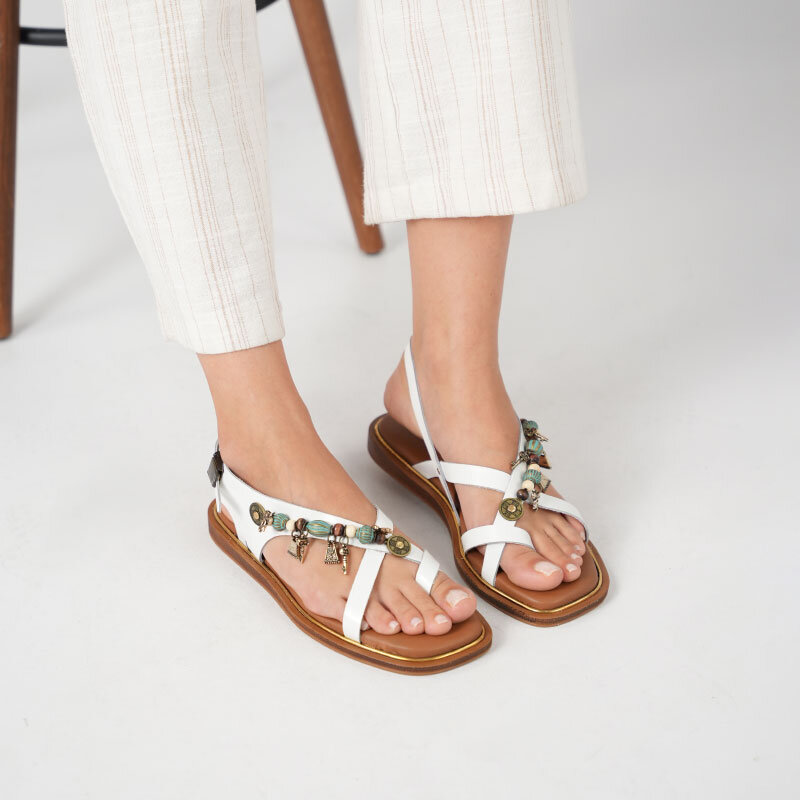 Daphne Beyaz Deri Düz Kadın Sandalet - 4